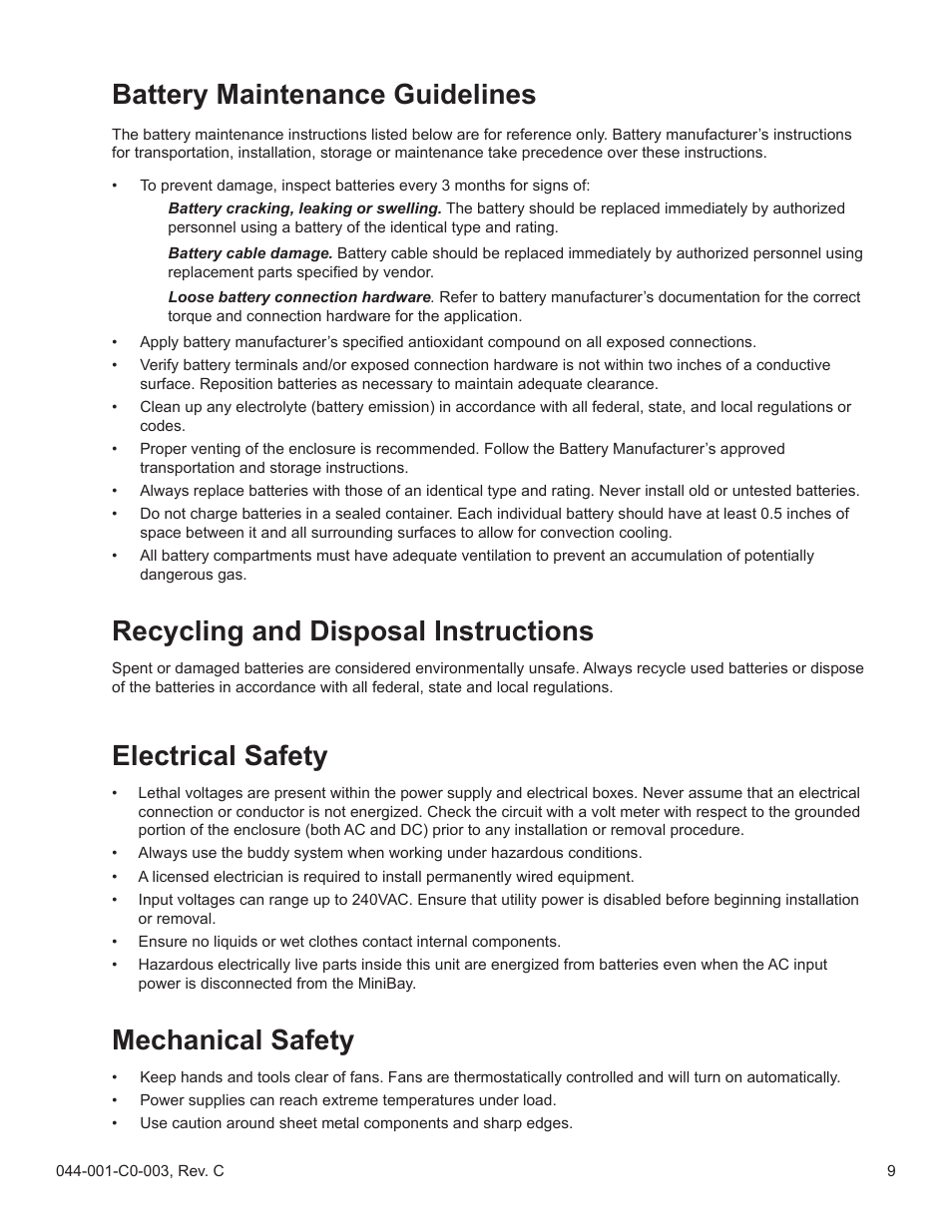 Battery maintenance guidelines, Recycling and disposal instructions, Electrical safety | Mechanical safety | Alpha Technologies Radium MiniBay User Manual | Page 9 / 57