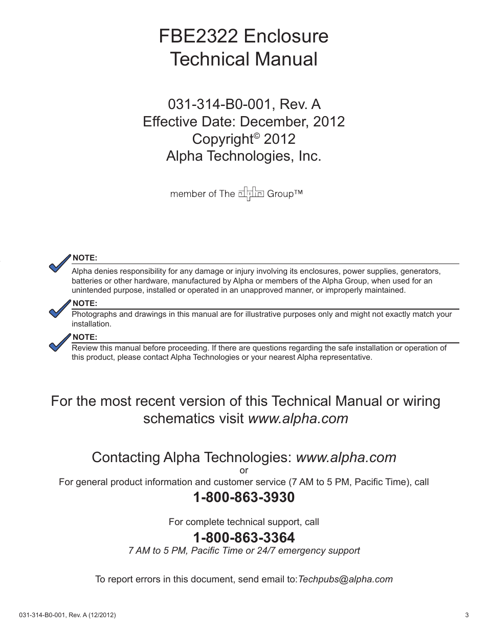 Fbe2322 enclosure technical manual, 2012 alpha technologies, inc | Alpha Technologies FBE2322 Enclosure System User Manual | Page 3 / 38