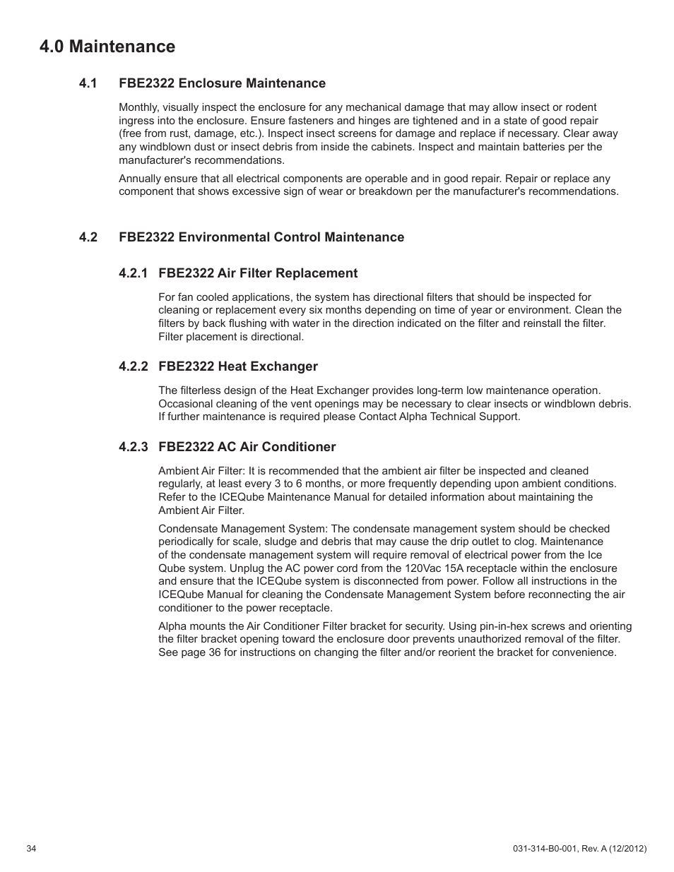 0 maintenance | Alpha Technologies FBE2322 Enclosure System User Manual | Page 34 / 38
