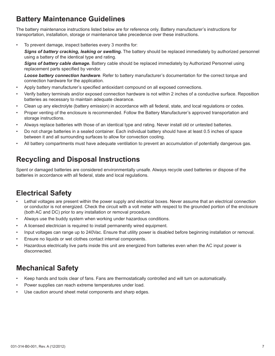 Battery maintenance guidelines, Recycling and disposal instructions, Electrical safety | Mechanical safety | Alpha Technologies FBE2322 Enclosure System User Manual | Page 7 / 38