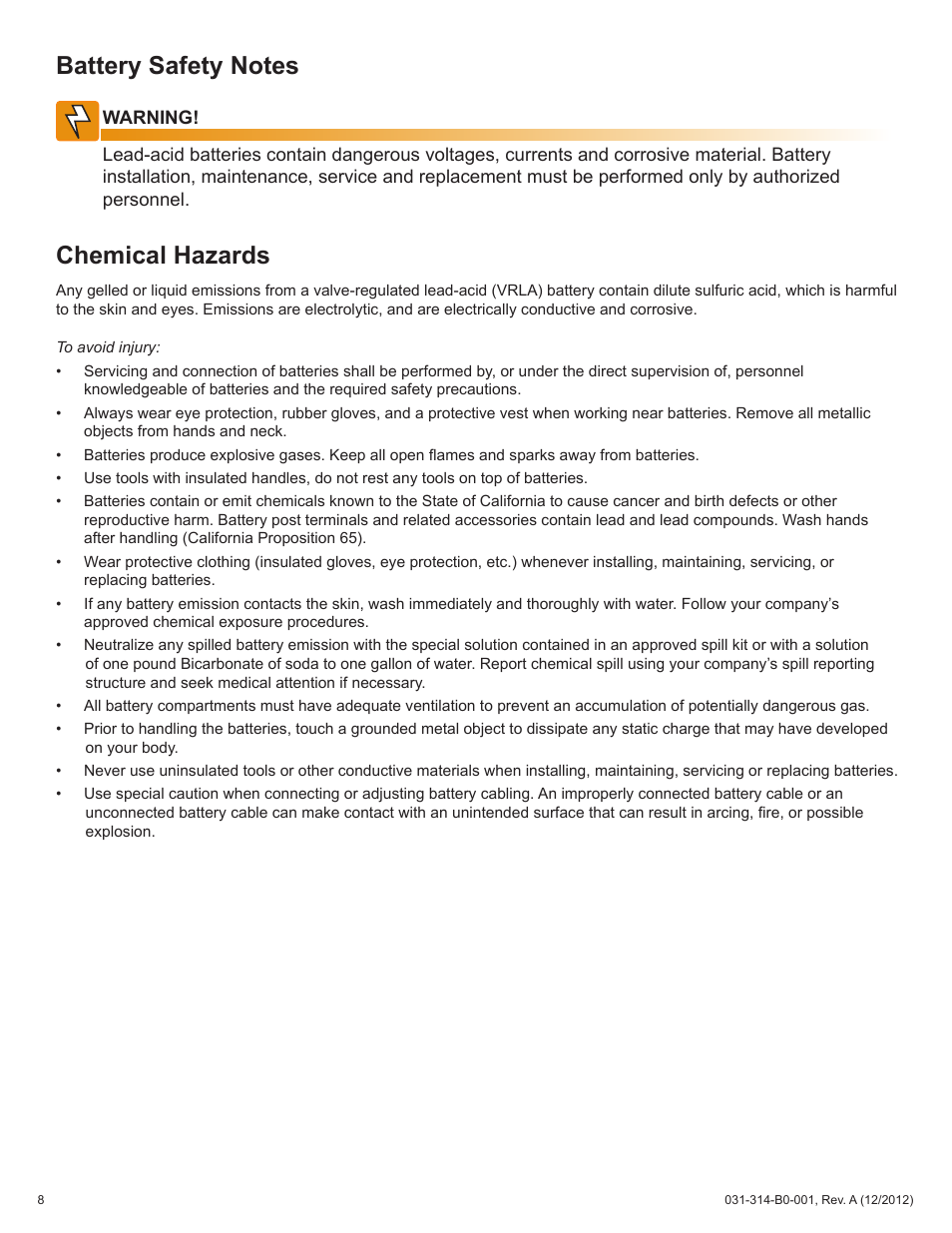 Chemical hazards | Alpha Technologies FBE2322 Enclosure System User Manual | Page 8 / 38