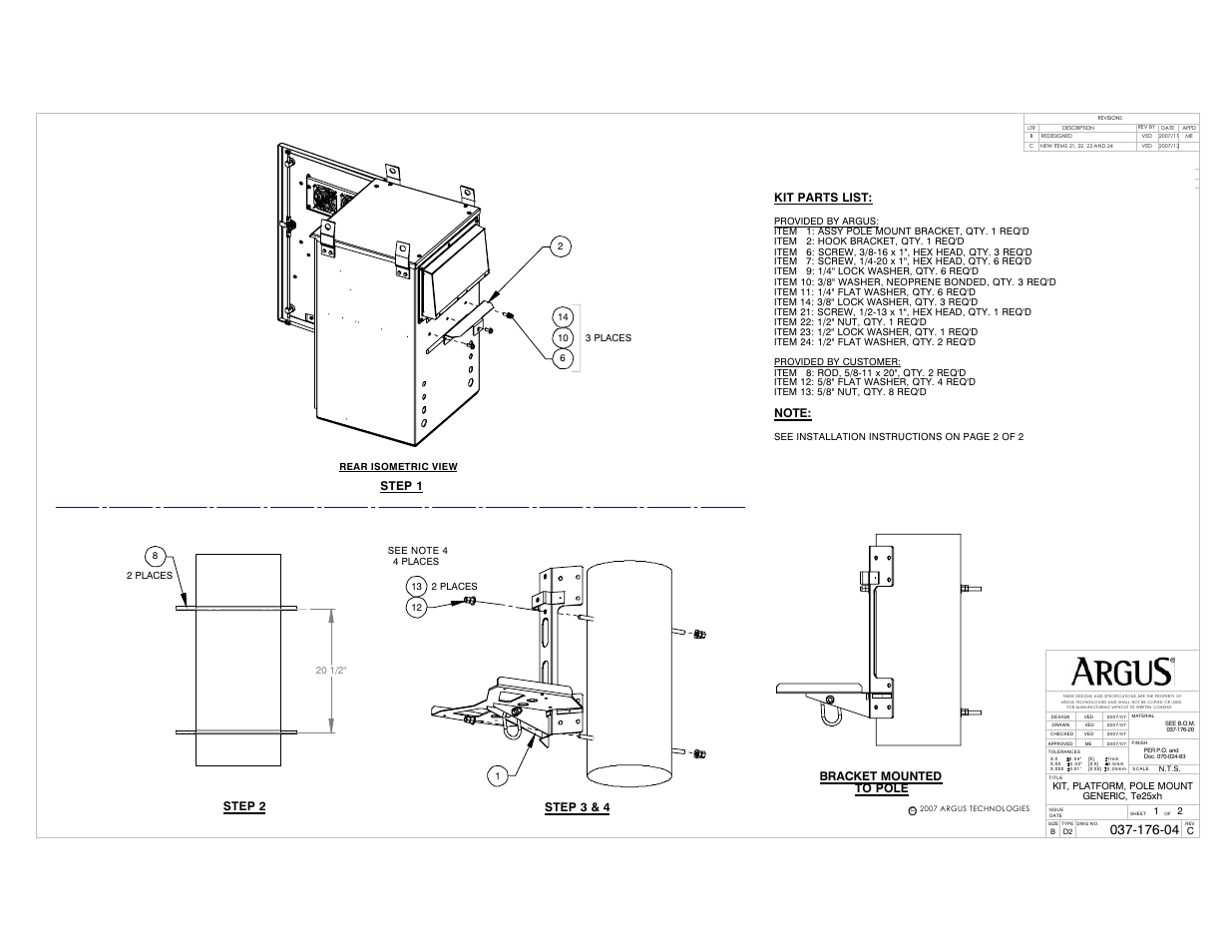 Optional, Pole mount kit, Step 2 | Kit parts list, Step 1, Step 3 & 4, Bracket mounted to pole | Alpha Technologies Te25xh User Manual | Page 29 / 38