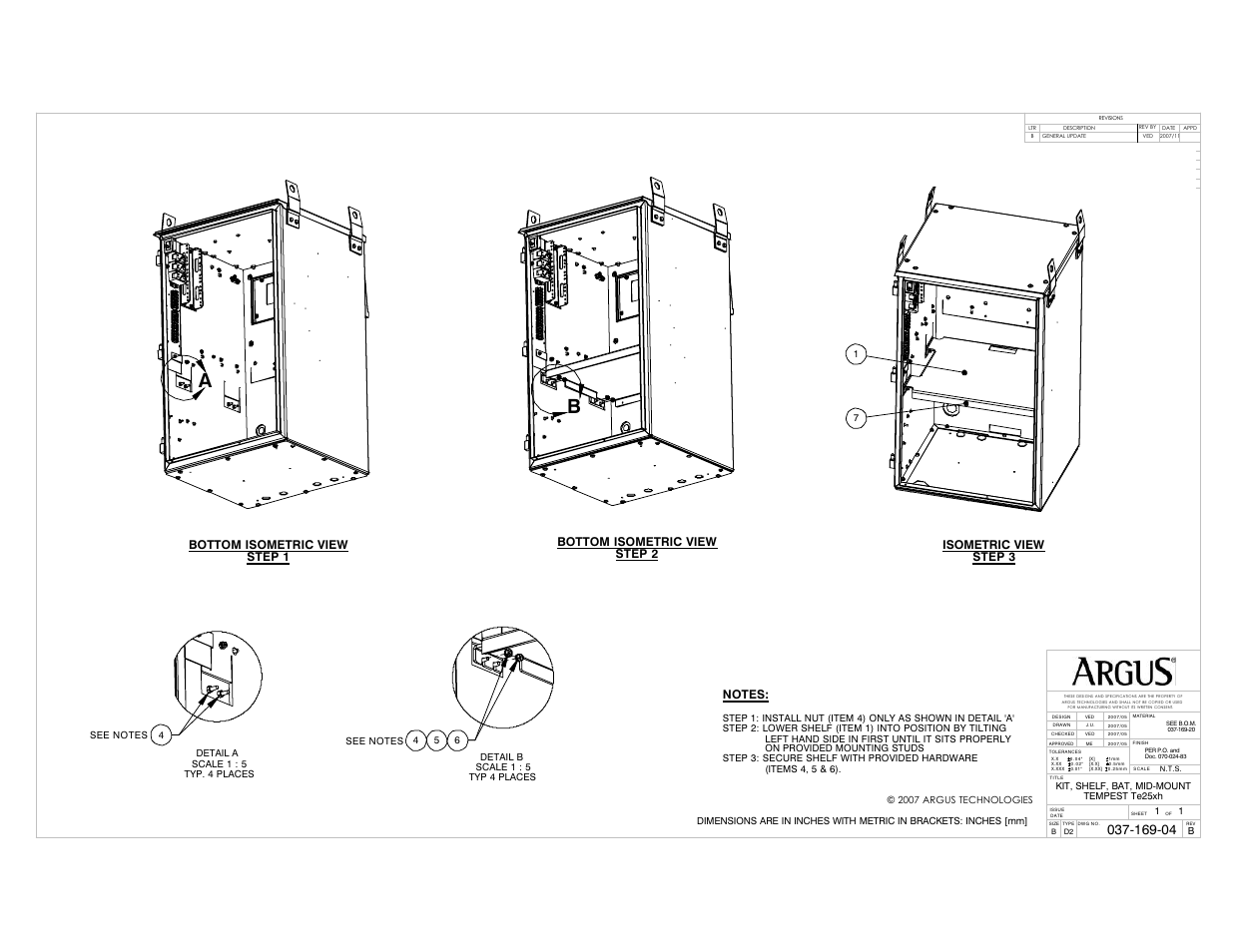 Mid mount battery shelf kit, Step 3 isometric view, Step 1 bottom isometric view | Step 2 bottom isometric view | Alpha Technologies Te25xh User Manual | Page 36 / 38