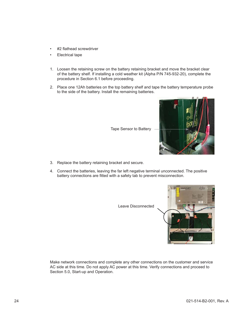 8 battery connection procedure, 9 network connections | Alpha Technologies FlexNet MPS48-12M - Technical Manual User Manual | Page 24 / 33