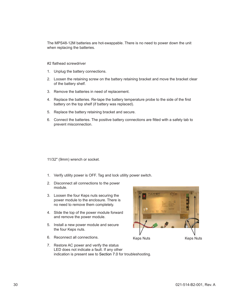 0 maintenance, 1 battery replacement, 2 replacing the power module | Alpha Technologies FlexNet MPS48-12M - Technical Manual User Manual | Page 30 / 33