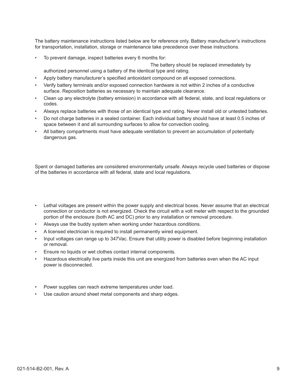 Battery maintenance guidelines, Recycling and disposal instructions, Electrical safety | Mechanical safety | Alpha Technologies FlexNet MPS48-12M - Technical Manual User Manual | Page 9 / 33