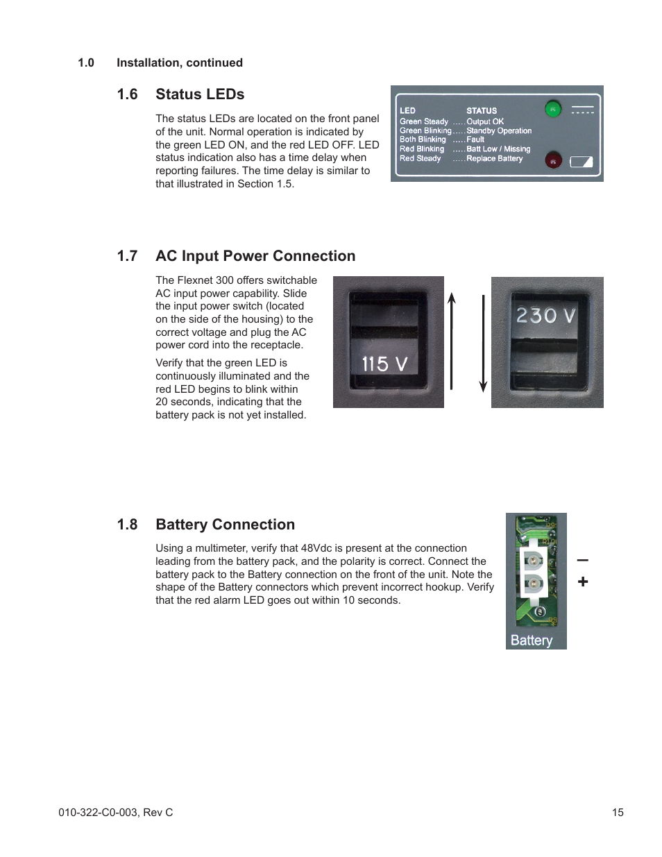 6 status leds, 7 ac input power connection, 8 battery connection | Alpha Technologies FlexNet ELPM 300-48D User Manual | Page 15 / 25