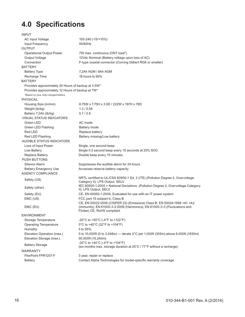Specifications, 0 specifications | Alpha Technologies FlexPoint FPR1207-F - Technical Manual User Manual | Page 16 / 18
