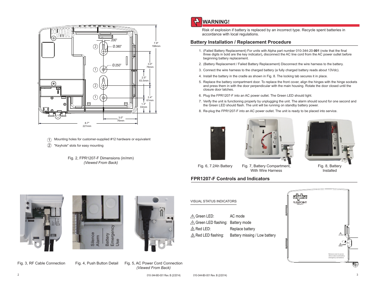 Warning, Battery installation / replacement procedure, Fpr1207-f controls and indicators | Alpha Technologies FlexPoint FPR1207-F - Quick Start Guide User Manual | Page 2 / 2