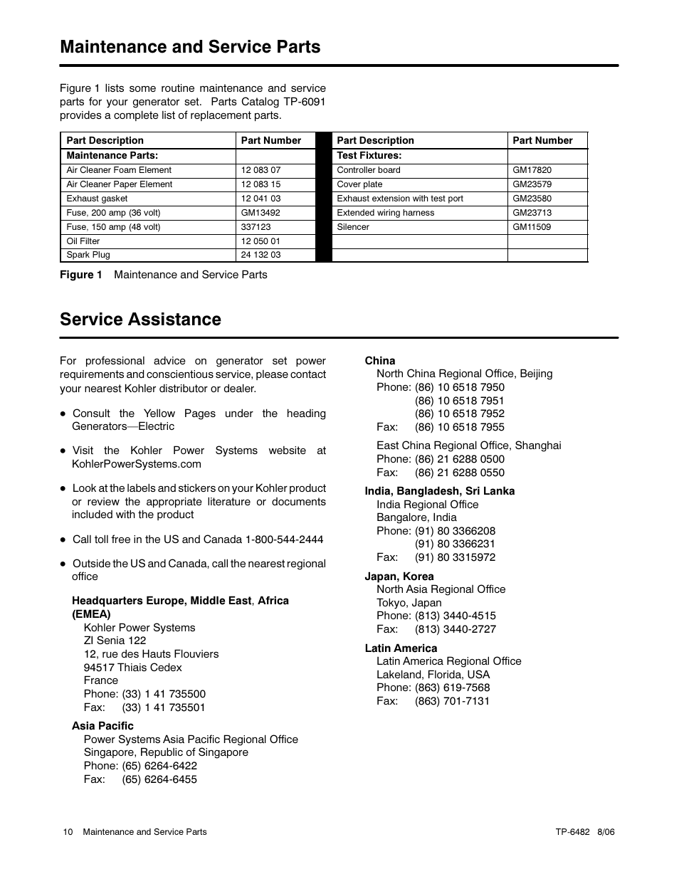 Maintenance and service parts, Service assistance | Alpha Technologies AlphaGen 3.5_5.0kW Kohler COM5 User Manual | Page 10 / 80