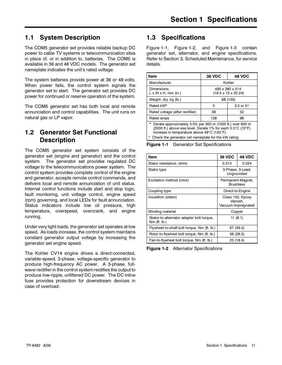 1 system description, 2 generator set functional description, 3 specifications | Alpha Technologies AlphaGen 3.5_5.0kW Kohler COM5 User Manual | Page 11 / 80