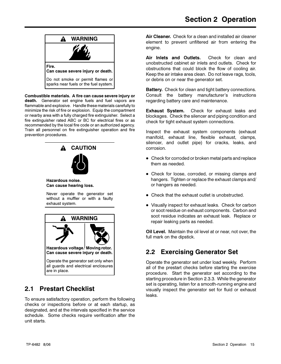 1 prestart checklist, 2 exercising generator set | Alpha Technologies AlphaGen 3.5_5.0kW Kohler COM5 User Manual | Page 15 / 80