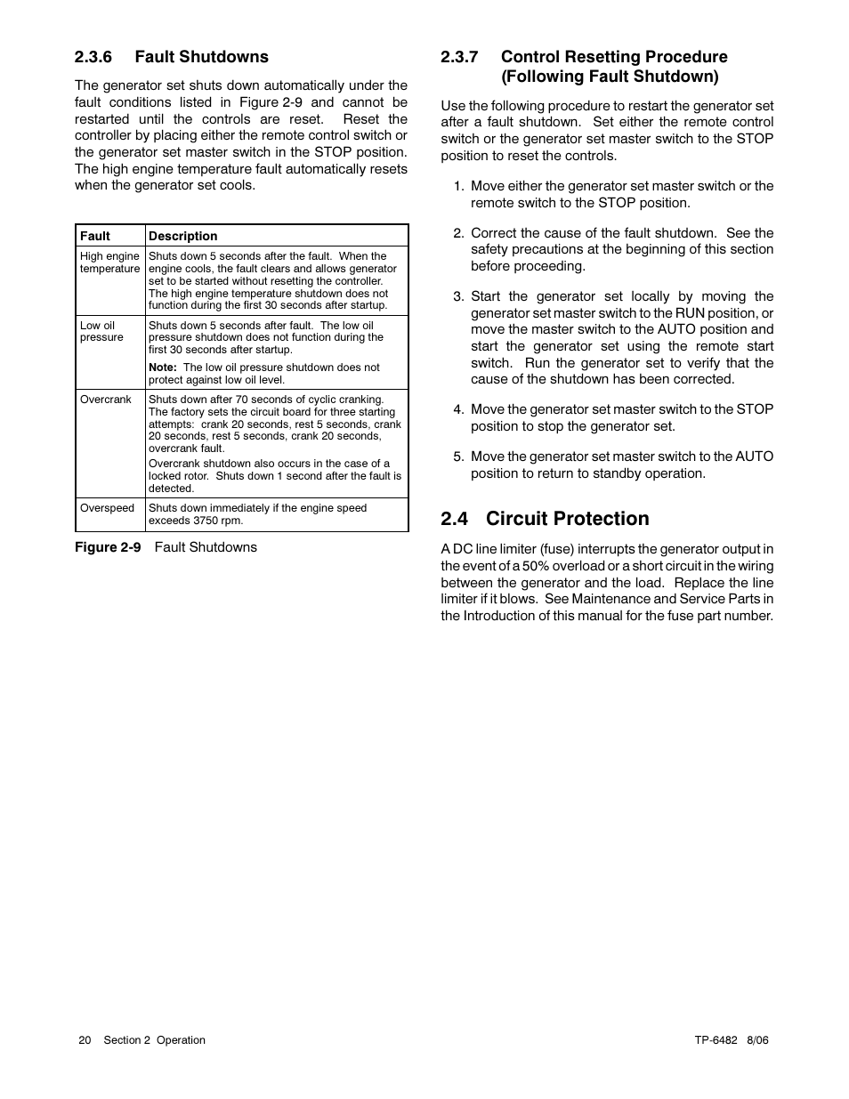 4 circuit protection, 6 fault shutdowns | Alpha Technologies AlphaGen 3.5_5.0kW Kohler COM5 User Manual | Page 20 / 80