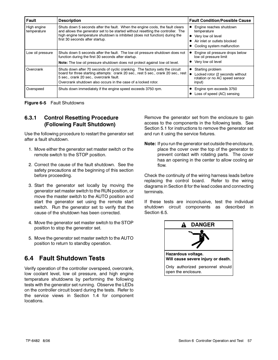 4 fault shutdown tests, Danger | Alpha Technologies AlphaGen 3.5_5.0kW Kohler COM5 User Manual | Page 57 / 80