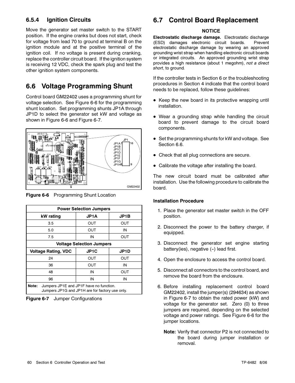 6 voltage programming shunt, 7 control board replacement, 4 ignition circuits | Figure 6-6 programming shunt location, Figure 6-7 jumper configurations, Notice, Check that all plug connections are secure, Power selection jumpers kw rating jp1a jp1b | Alpha Technologies AlphaGen 3.5_5.0kW Kohler COM5 User Manual | Page 60 / 80