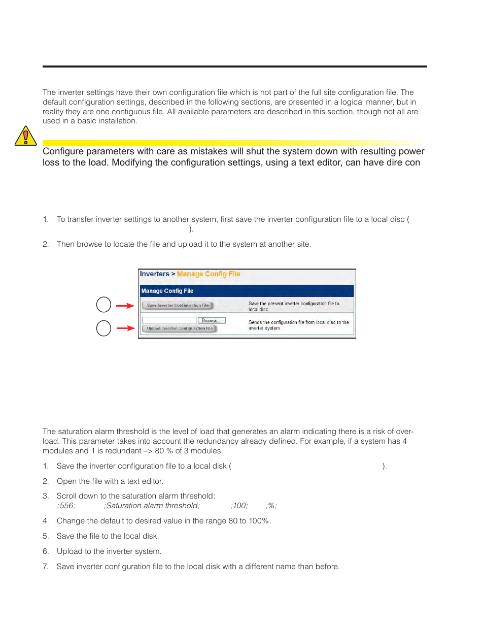 Configuration parameters, 1 transferring inverter settings to another system, 1 changing the saturation level alarm | Alpha Technologies AMPS80 HP User Manual | Page 102 / 116