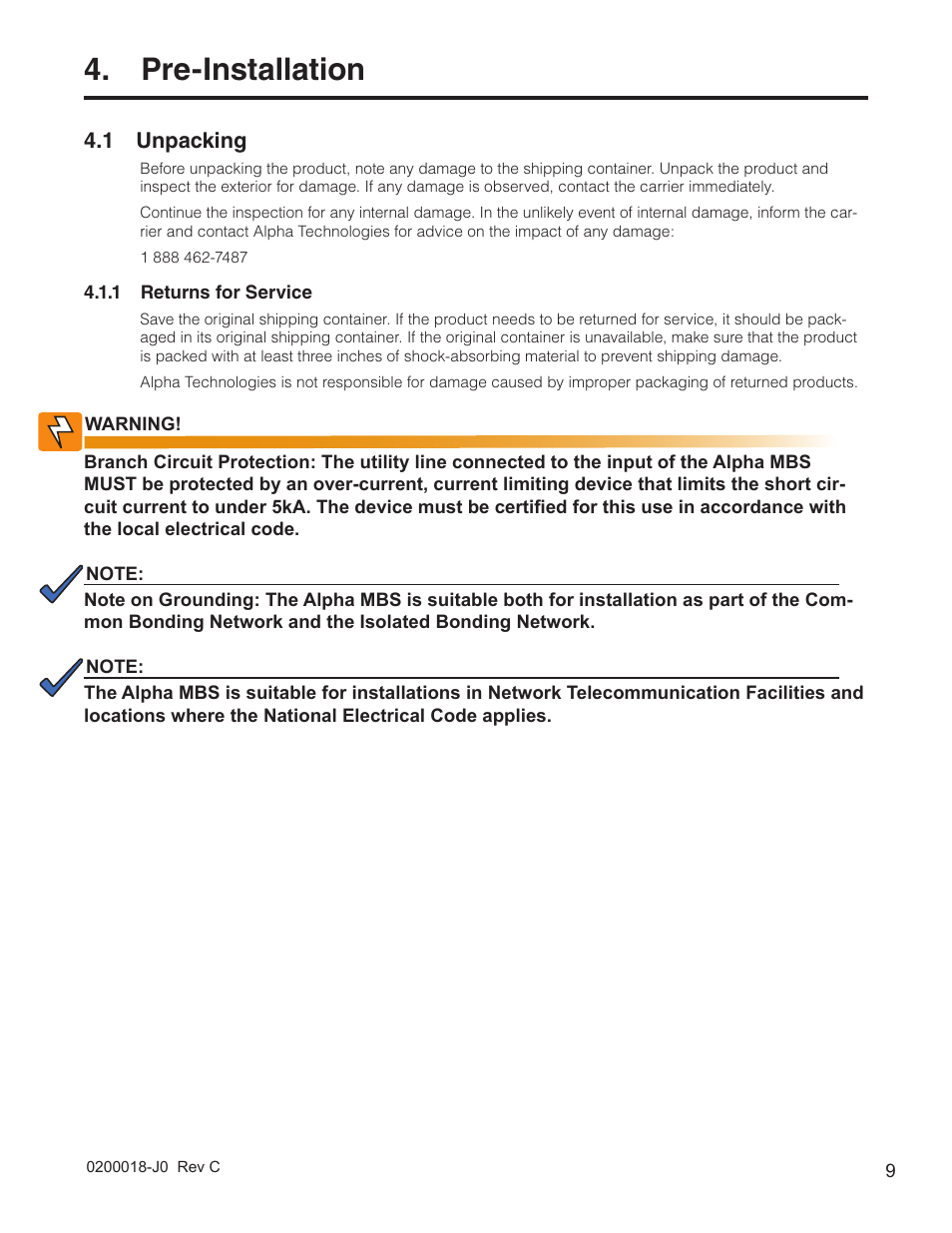 Pre-installation, 1 unpacking, R "4. pre-installa | Tion" an | Alpha Technologies 255A Bypass Switch User Manual | Page 11 / 24