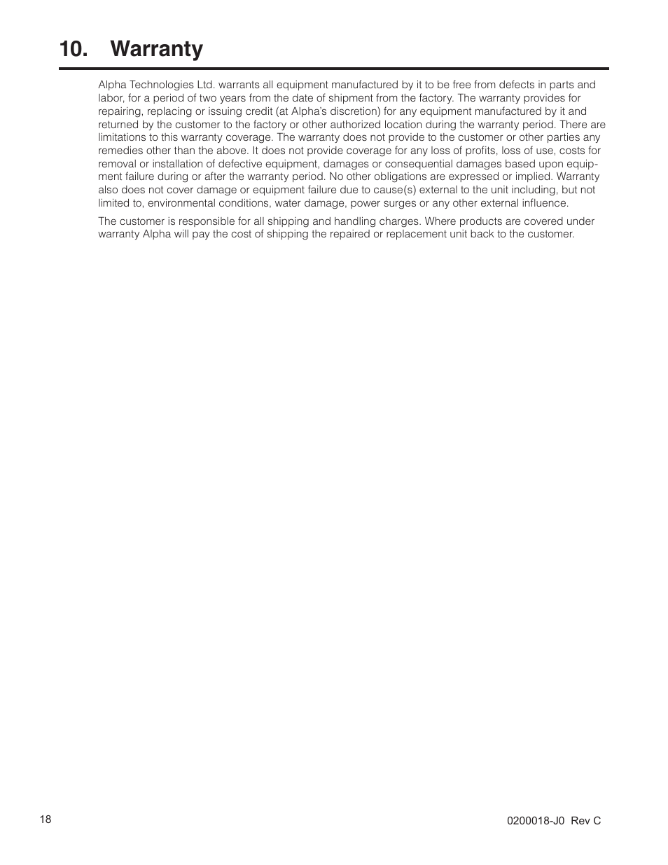 Warranty | Alpha Technologies 255A Bypass Switch User Manual | Page 20 / 24