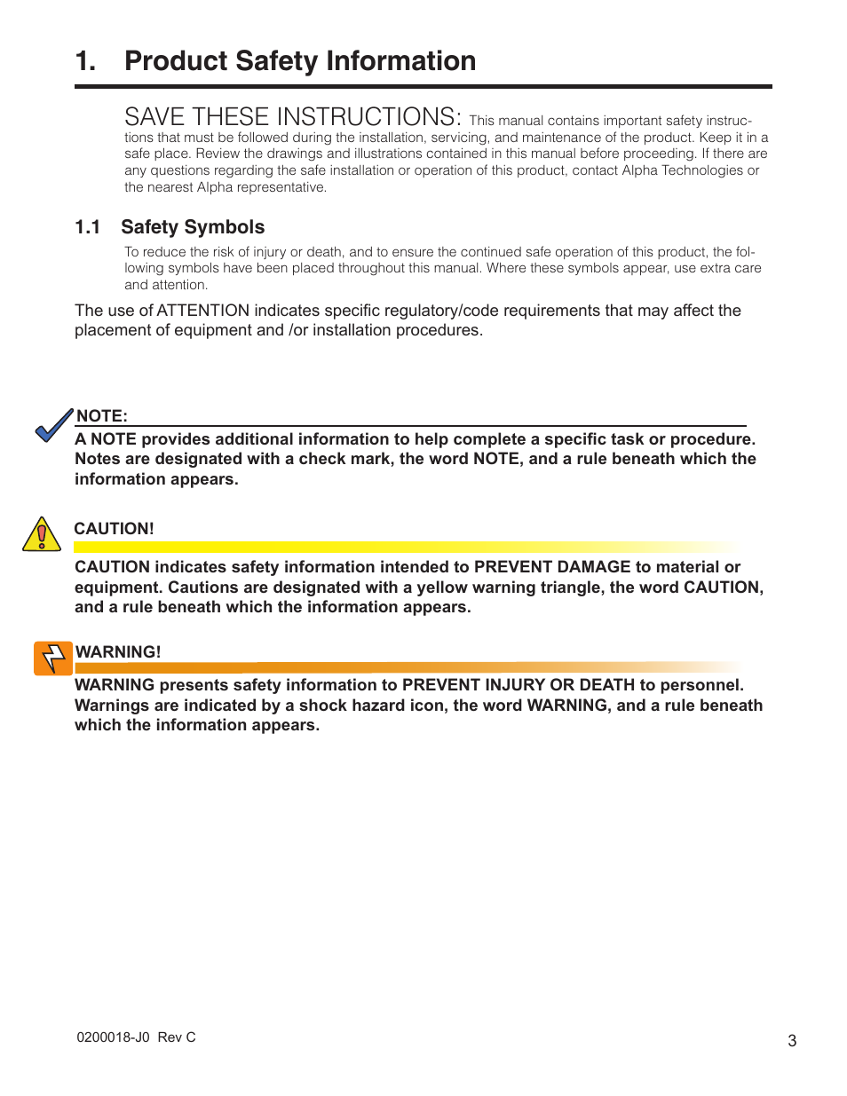 Product safety information, 1 safety symbols, Save these instructions | Alpha Technologies 255A Bypass Switch User Manual | Page 5 / 24