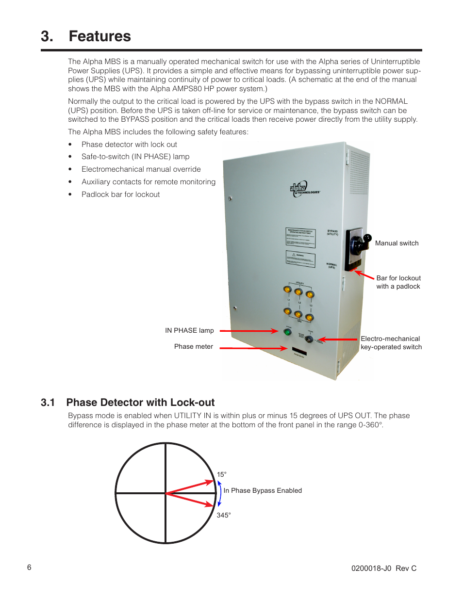 Features, 1 phase detector with lock-out | Alpha Technologies 255A Bypass Switch User Manual | Page 8 / 24