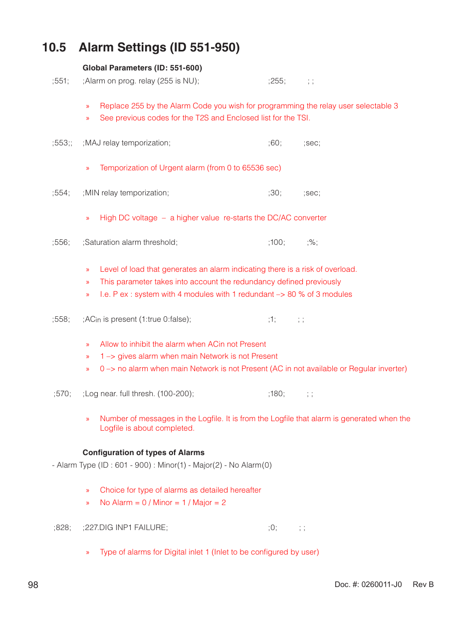 5 alarm settings (id 551-950) | Alpha Technologies AMP24 HP User Manual | Page 100 / 108