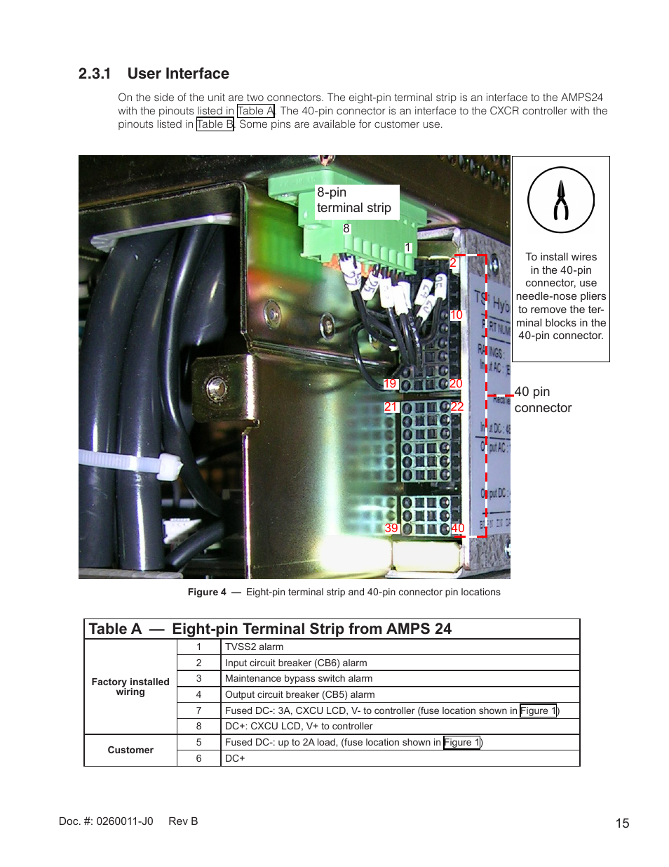 Table a — eight-pin terminal strip from amps 24, 1 user interface | Alpha Technologies AMP24 HP User Manual | Page 17 / 108