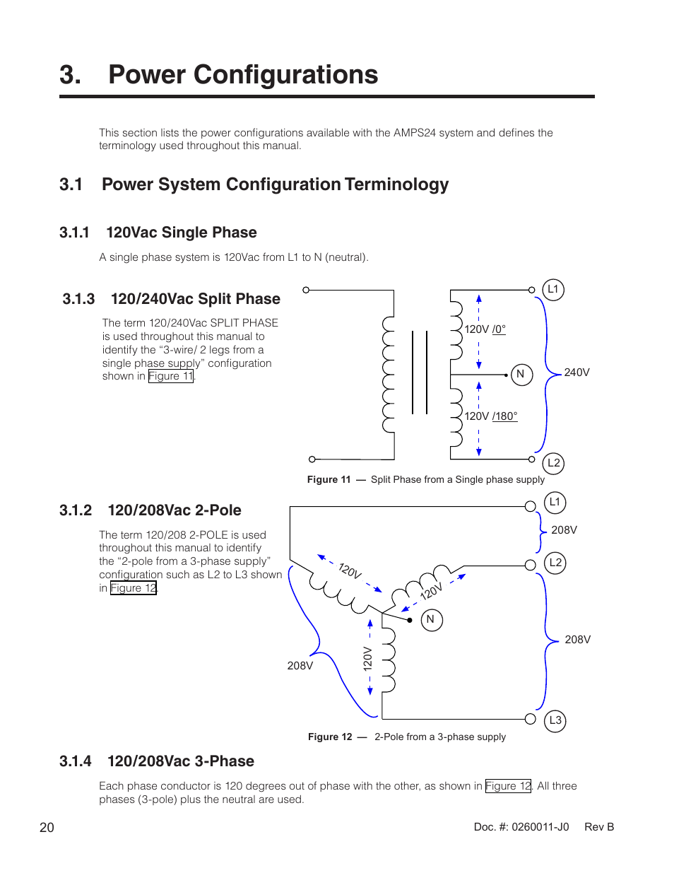 Power configurations, 1 power system configuration terminology, Figure 11 — split phase from a single phase supply | Figure 12 — 2-pole from a 3-phase supply, 1 120vac single phase | Alpha Technologies AMP24 HP User Manual | Page 22 / 108