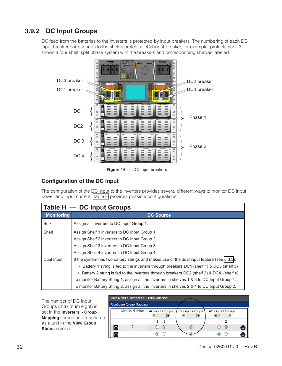 Table h — dc input groups, Figure 14 — dc input breakers, 2 dc input groups | Alpha Technologies AMP24 HP User Manual | Page 34 / 108
