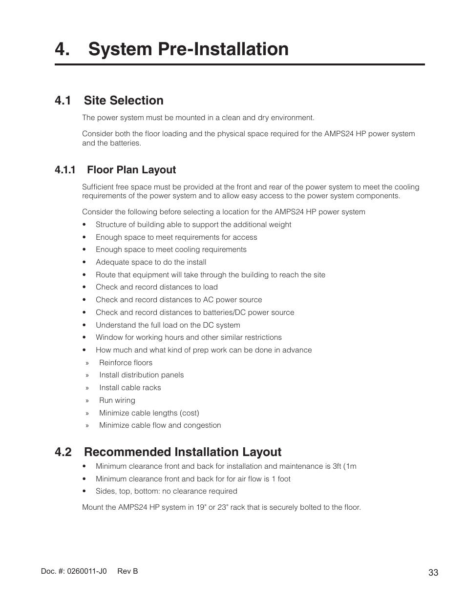 System pre-installation, 1 site selection, 2 recommended installation layout | 1 floor plan layout | Alpha Technologies AMP24 HP User Manual | Page 35 / 108