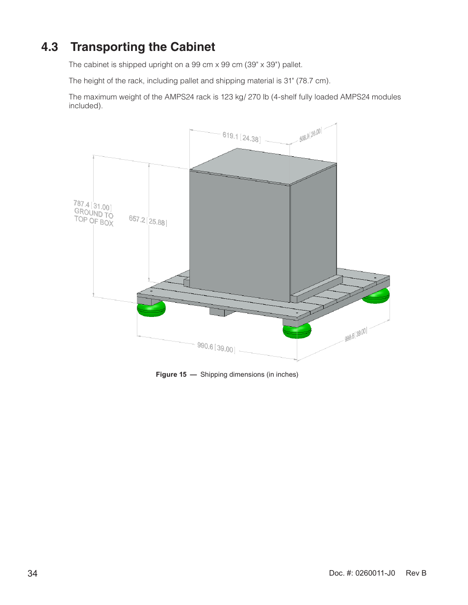 3 transporting the cabinet, Figure 15 — shipping dimensions (in inches) | Alpha Technologies AMP24 HP User Manual | Page 36 / 108