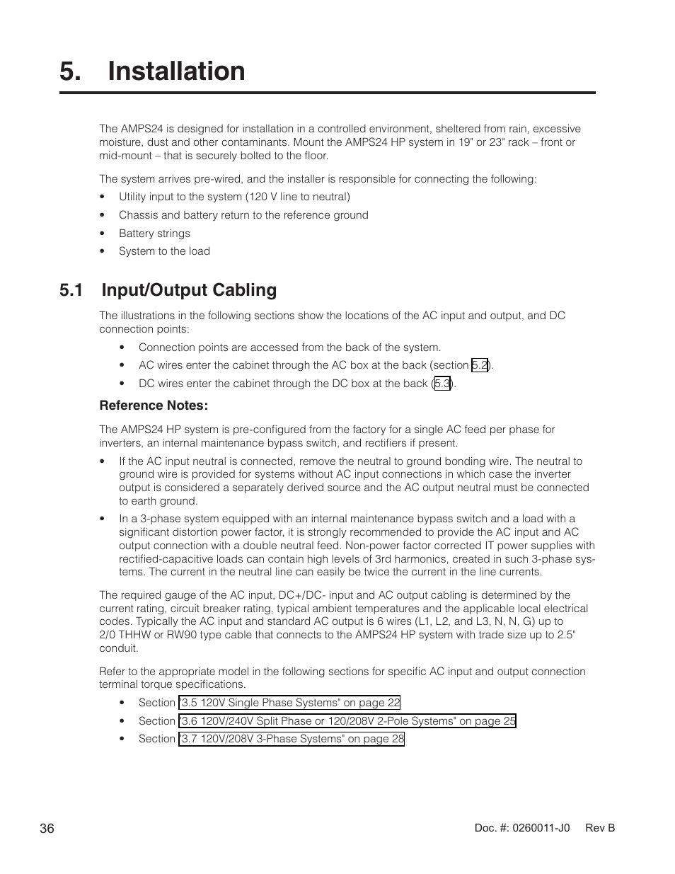 Installation, 1 input/output cabling | Alpha Technologies AMP24 HP User Manual | Page 38 / 108