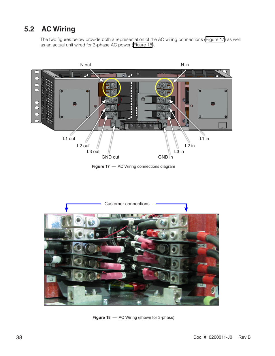 2 ac wiring, Figure 17 — ac wiring connections diagram, Figure 18 — ac wiring (shown for 3-phase) | Ough the ac box at the back (section 5.2) | Alpha Technologies AMP24 HP User Manual | Page 40 / 108