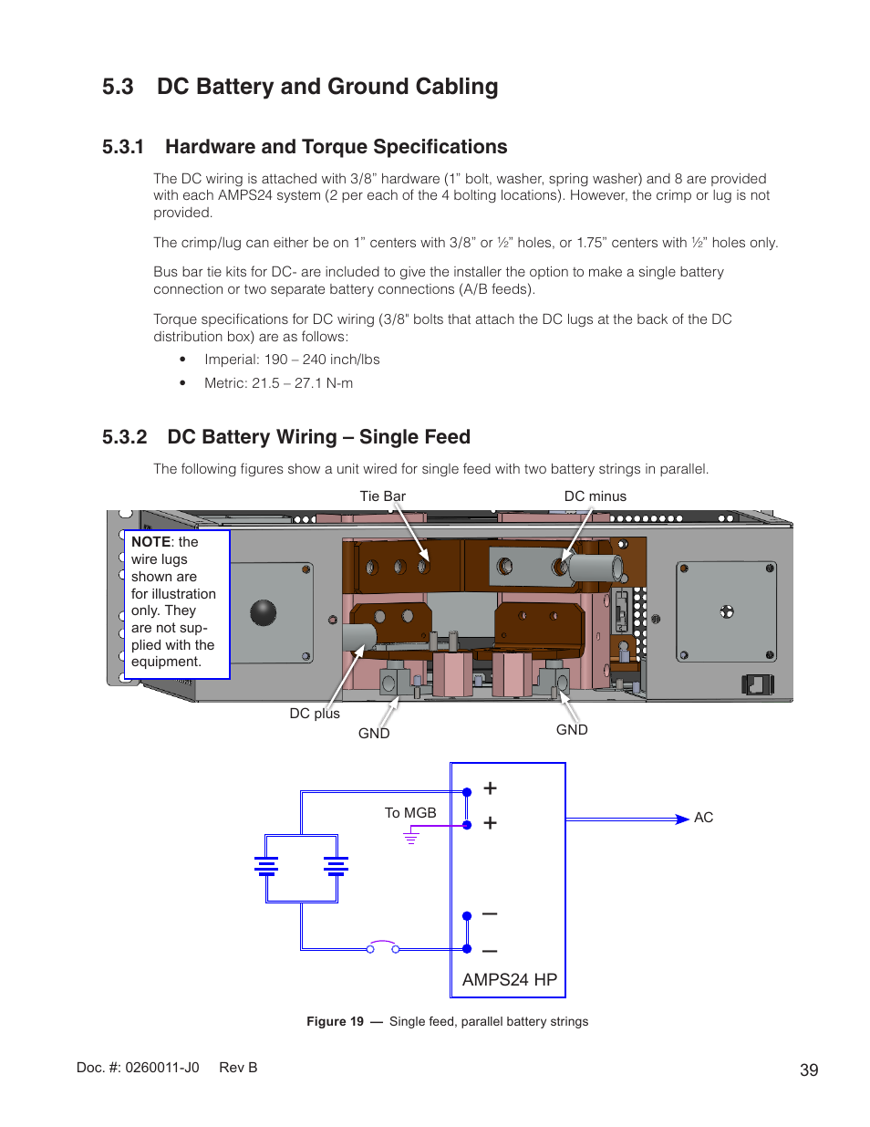 3 dc battery and ground cabling, Figure 19 — single feed, parallel battery strings, Ough the dc box at the back (5.3) | 1 hardware and torque specifications, 2 dc battery wiring – single feed | Alpha Technologies AMP24 HP User Manual | Page 41 / 108