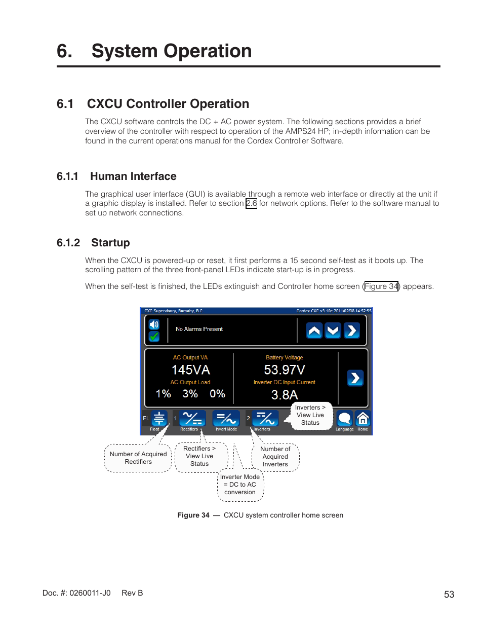 System operation, 1 cxcu controller operation, Figure 34 — cxcu system controller home screen | 1 human interface, 2 startup | Alpha Technologies AMP24 HP User Manual | Page 55 / 108