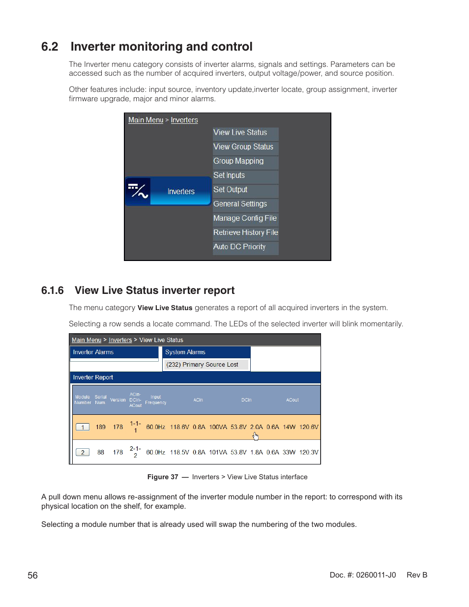 2 inverter monitoring and control, Figure 37 — inverters > view live status interface, 6 view live status inverter report | Alpha Technologies AMP24 HP User Manual | Page 58 / 108