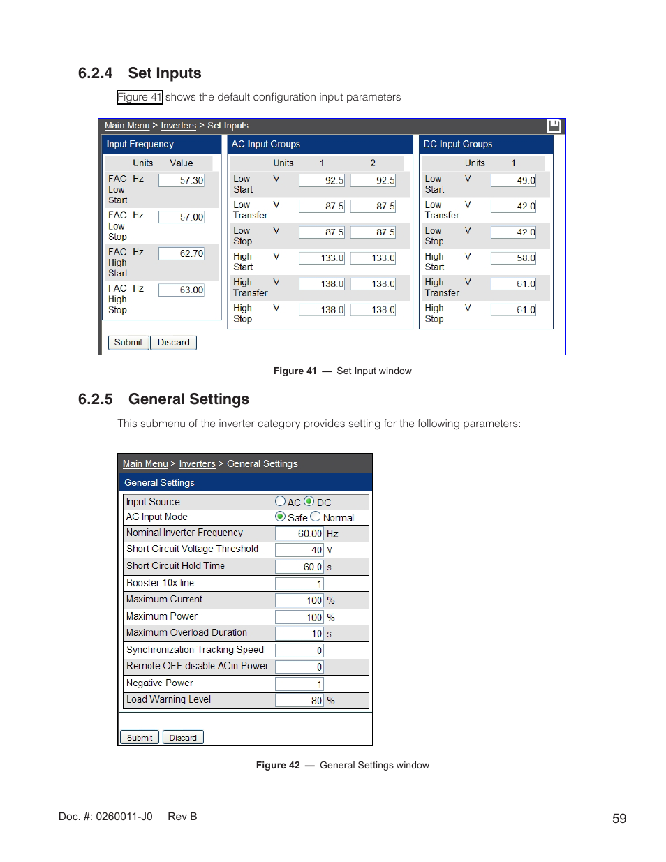 Figure 41 — set input window, Figure 42 — general settings window, 4 set inputs | 5 general settings | Alpha Technologies AMP24 HP User Manual | Page 61 / 108