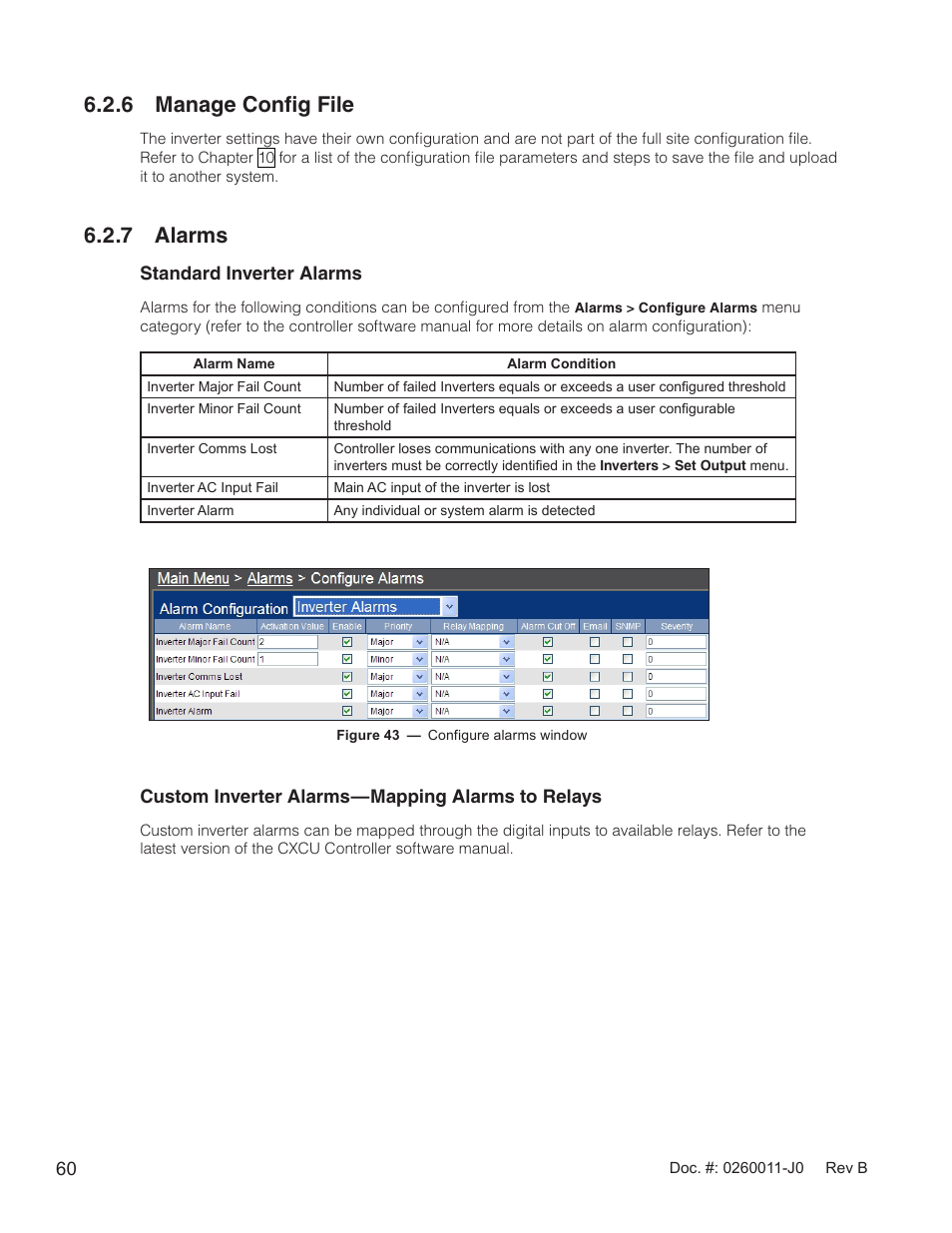 Figure 43 — configure alarms window, 6 manage config file, 7 alarms | Alpha Technologies AMP24 HP User Manual | Page 62 / 108