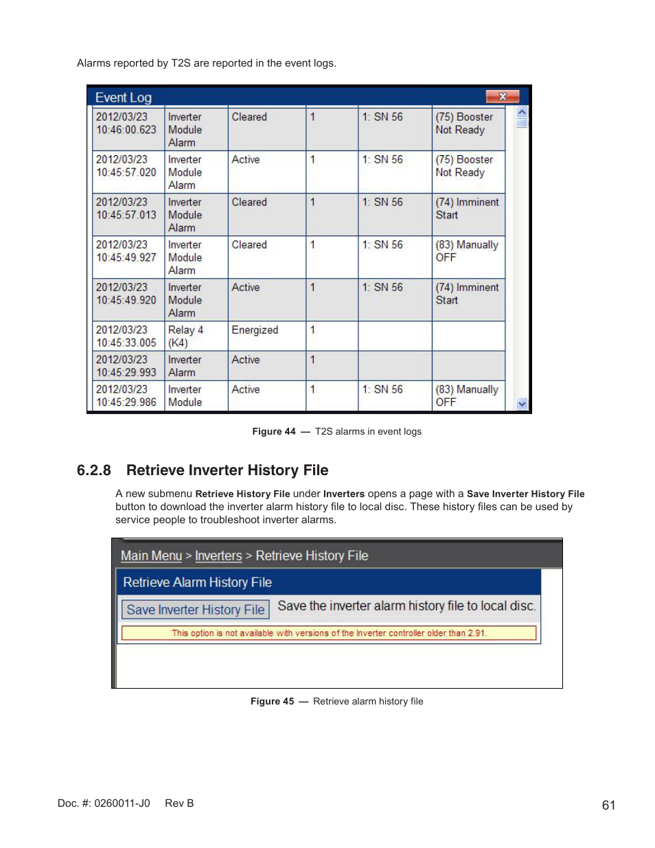 Figure 44 — t2s alarms in event logs, Figure 45 — retrieve alarm history file, 8 retrieve inverter history file | Alpha Technologies AMP24 HP User Manual | Page 63 / 108