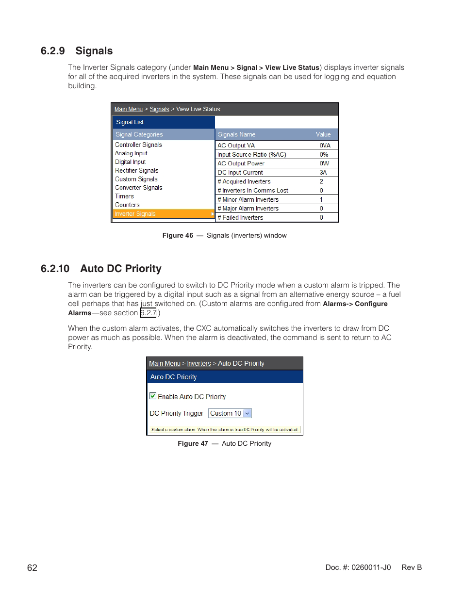 Figure 46 — signals (inverters) window, Figure 47 — auto dc priority, 9 signals | 10 auto dc priority | Alpha Technologies AMP24 HP User Manual | Page 64 / 108