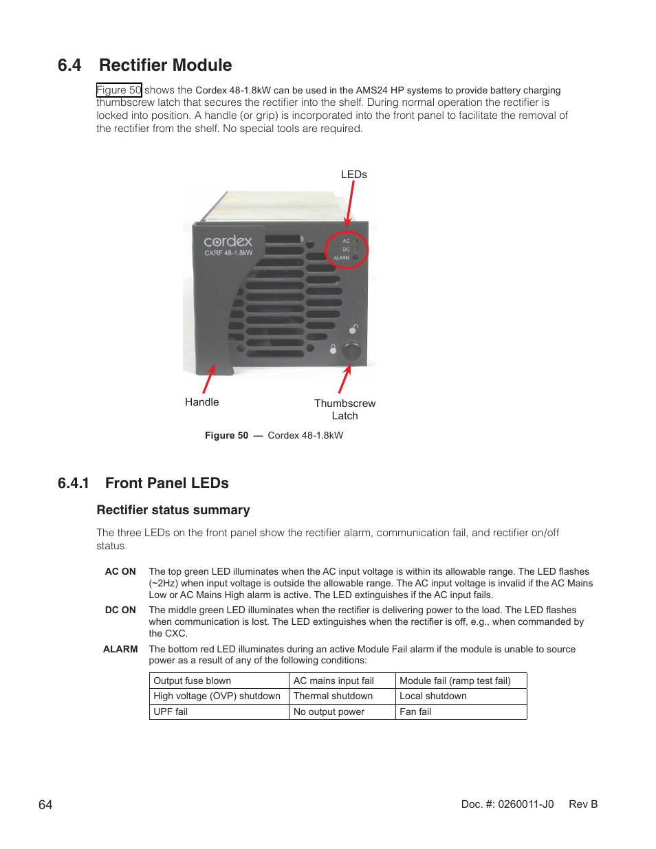 4 rectifier module, Figure 50 — cordex 48-1.8kw, 1 front panel leds | Alpha Technologies AMP24 HP User Manual | Page 66 / 108