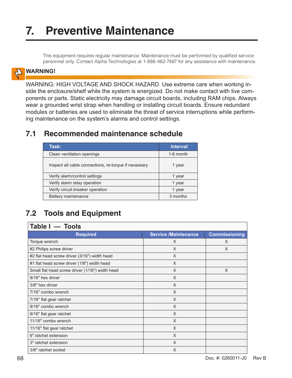 Preventive maintenance, 1 recommended maintenance schedule, 2 tools and equipment | Table i — tools | Alpha Technologies AMP24 HP User Manual | Page 70 / 108