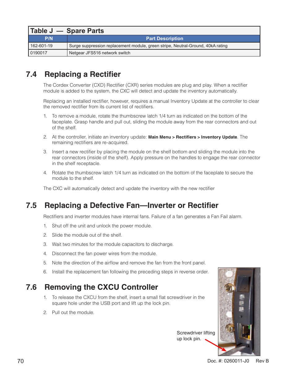 4 replacing a rectifier, 5 replacing a defective fan—inverter or rectifier, 6 removing the cxcu controller | Table j — spare parts | Alpha Technologies AMP24 HP User Manual | Page 72 / 108