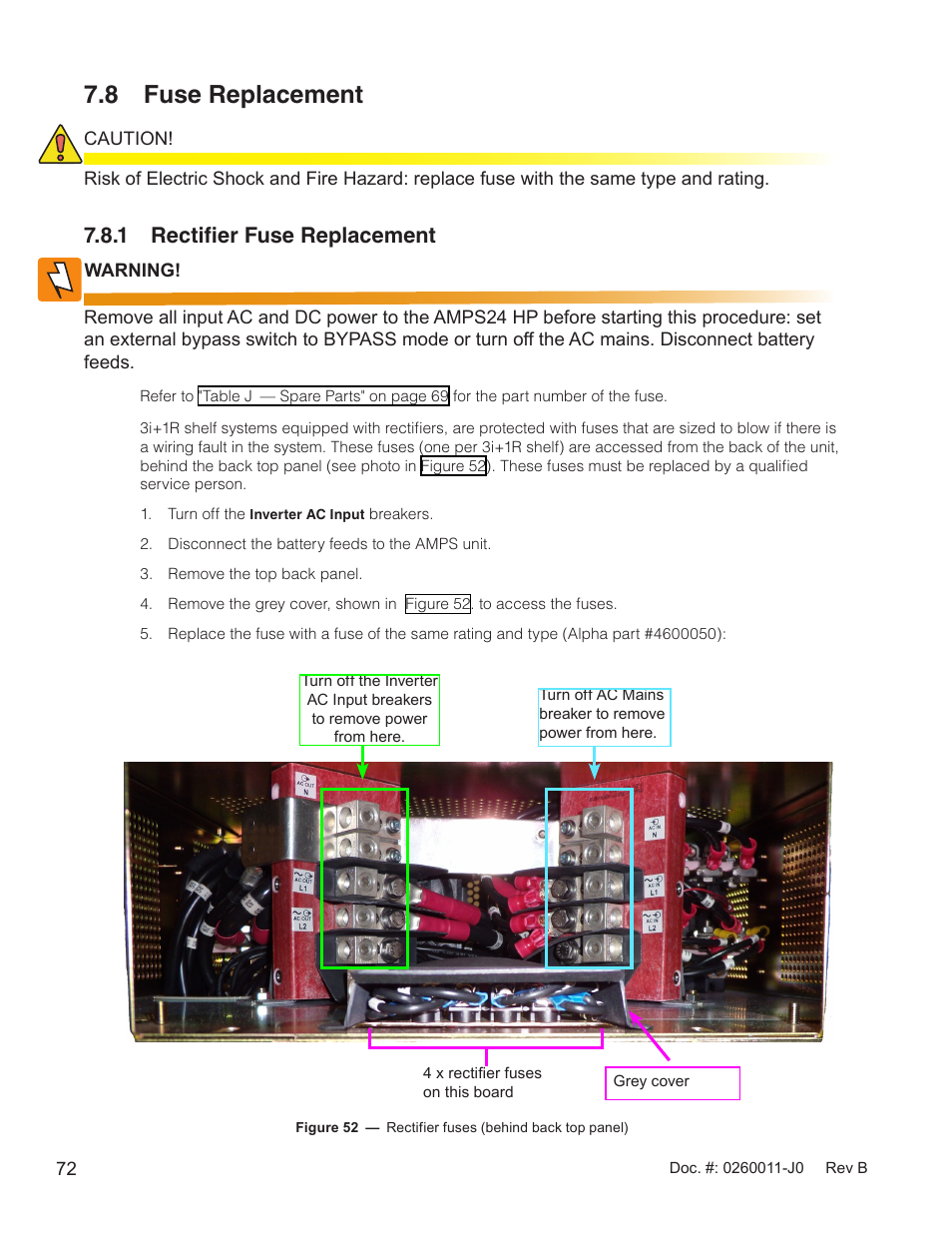 8 fuse replacement, 1 rectifier fuse replacement | Alpha Technologies AMP24 HP User Manual | Page 74 / 108