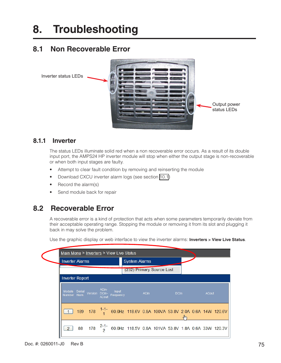 Troubleshooting, 1 non recoverable error, 2 recoverable error | Alpha Technologies AMP24 HP User Manual | Page 77 / 108