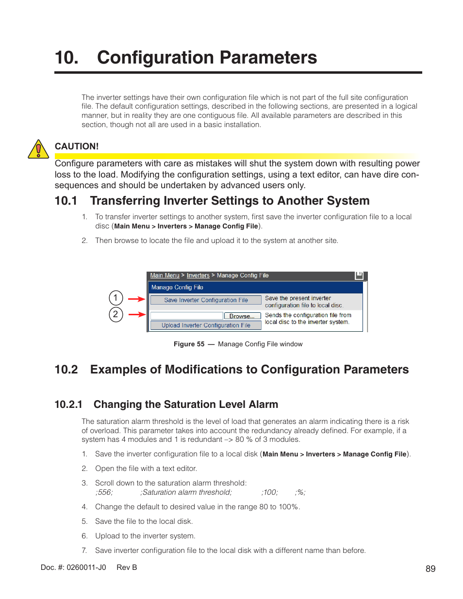 Configuration parameters, 1 transferring inverter settings to another system, Figure 55 — manage config file window | 1 changing the saturation level alarm | Alpha Technologies AMP24 HP User Manual | Page 91 / 108
