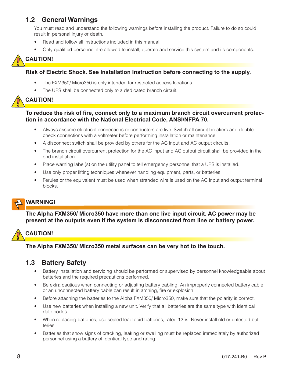 2 general warnings, 3 battery safety | Alpha Technologies FXM350_Micro350 UPS User Manual | Page 10 / 112