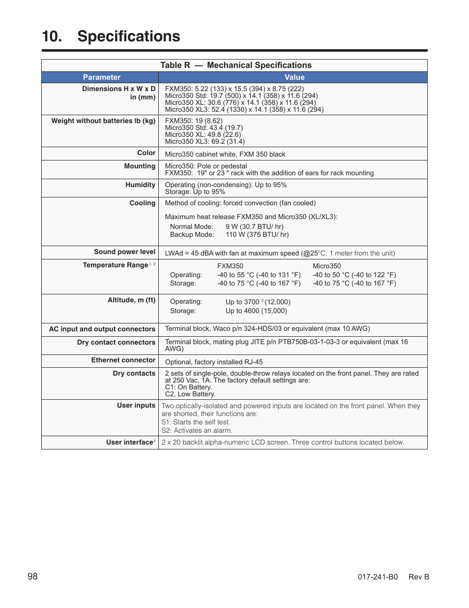 Specifications | Alpha Technologies FXM350_Micro350 UPS User Manual | Page 100 / 112