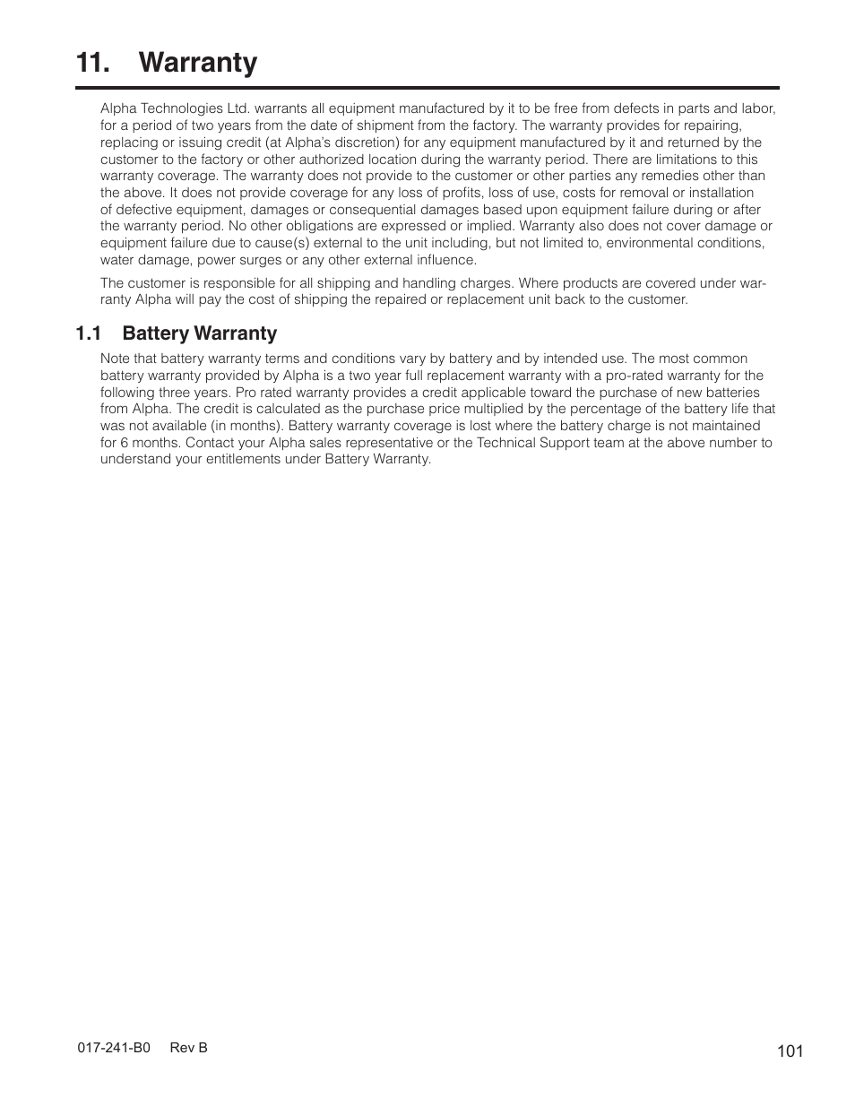 Warranty, 1 battery warranty | Alpha Technologies FXM350_Micro350 UPS User Manual | Page 103 / 112