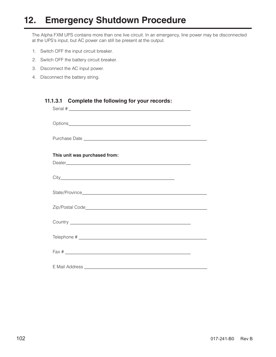 Emergency shutdown procedure | Alpha Technologies FXM350_Micro350 UPS User Manual | Page 104 / 112