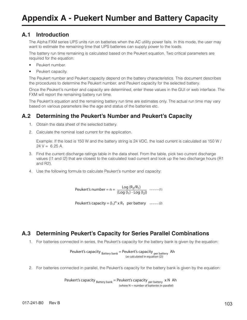Appendix a - puekert number and battery capacity, A.1 introduction | Alpha Technologies FXM350_Micro350 UPS User Manual | Page 105 / 112